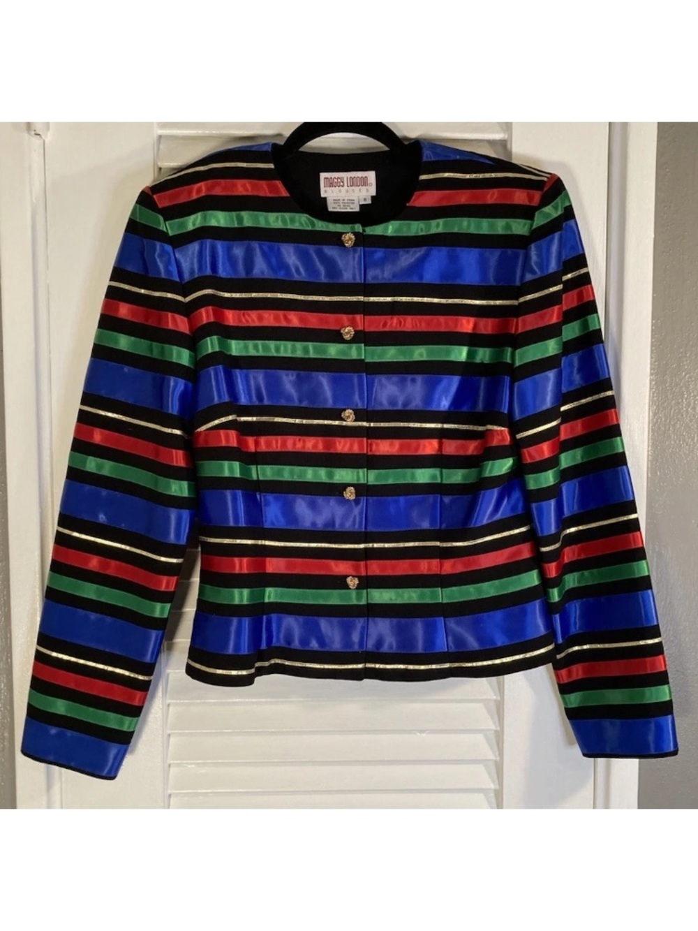 Maggy London Blue Red Green Striped Satin Jacket